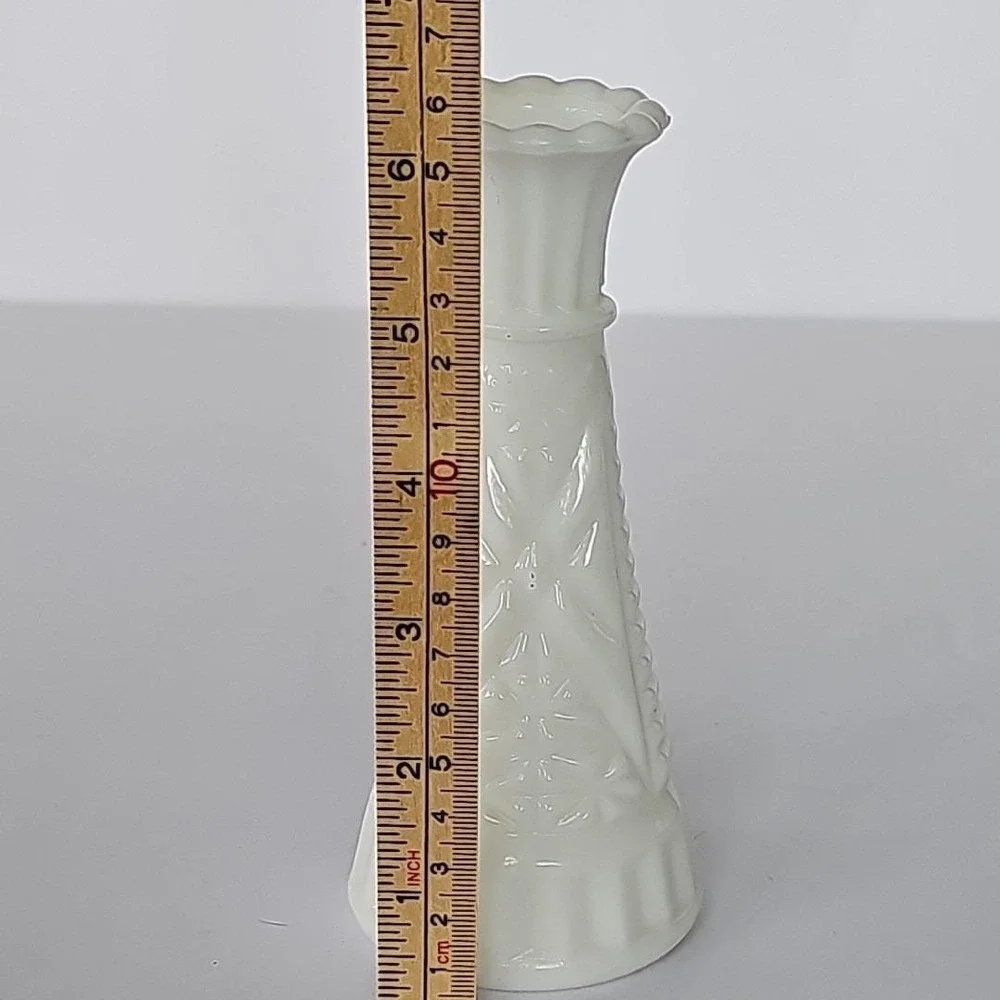 Vintage Milk Glass Bud Vase Star Diamond Pattern Scalloped Rim Mid Century Decor